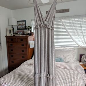Caution to the Wind | Neutral Striped Ruffle Maxi Dress